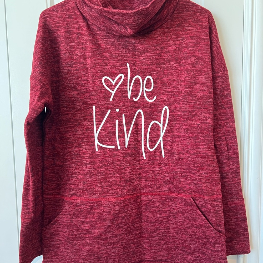 Long Red Marble Mock Turtleneck Sweater Hoodie with 'Be Kind' Print